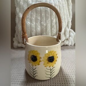 Handmade Studio Pottery Basket with Sunflower Design – Signed